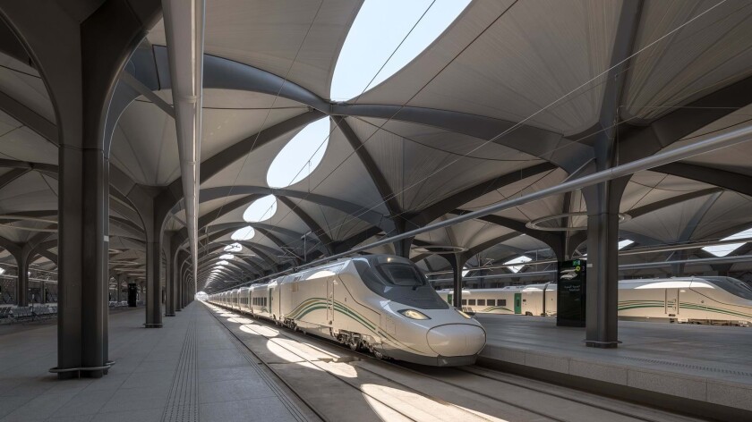 The Haramain High-Speed Rail system hosts trains that run at a speed of 300 km/h (186 mph)