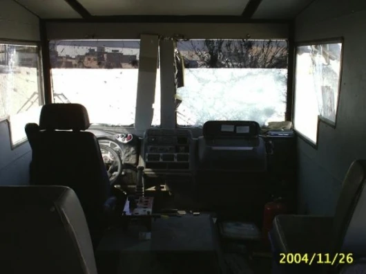 The view from the inside of the Rhino involved closest to the explosion discussed in this article