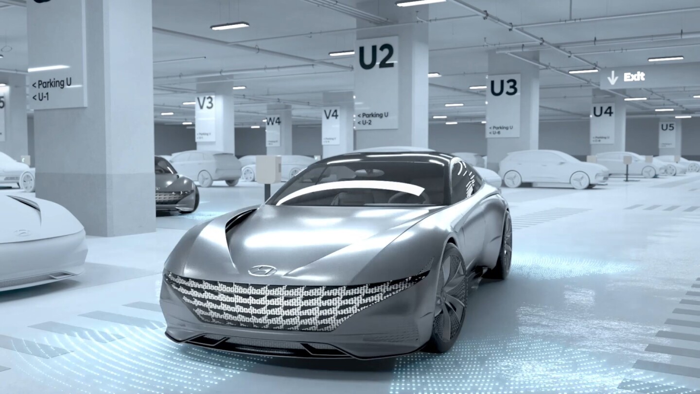Once the vehicle is charged, Hyundai's Automated Valet Parking System kicks in, communicating with the parking infrastructure to find and guide the car to an open space