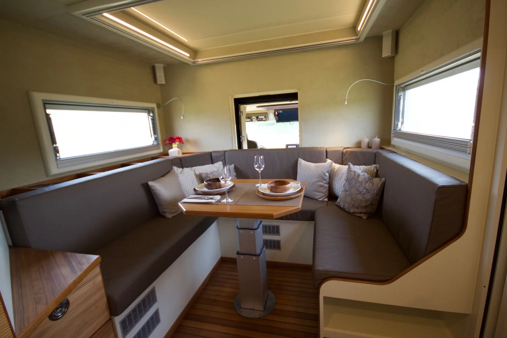 The skylight over the seating group offers natural light and starlight views