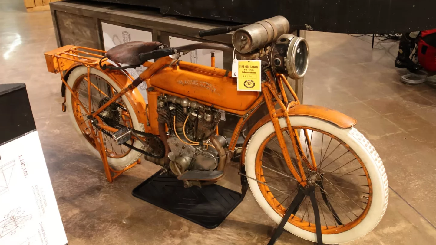 This 1915 Flying Merkel Model 575 is powered by a 1000cc, Inlet over Exhaust V-twin, driving through a Miami planetary 2-speed transmission and a hand-operated Eclipse clutch. Ignition is via a Bosch magneto and it deploys Miami's Direct Starter assembly. As the flagship model in the range it features a special Merkel Schebler carburetor, Prest-O-Lite acetylene lighting and the company’s full-suspension Spring Frame, further enhanced by a sprung Troxel leather saddle.