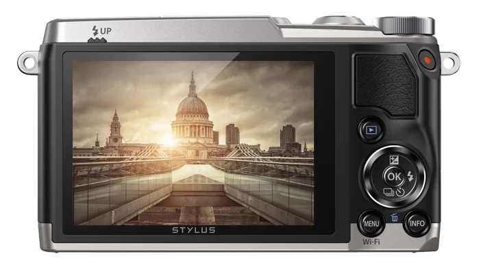The Olympus Stylus SH-1 has a 3-inch rear touchscreen with 460k dots, and built-in Wi-Fi