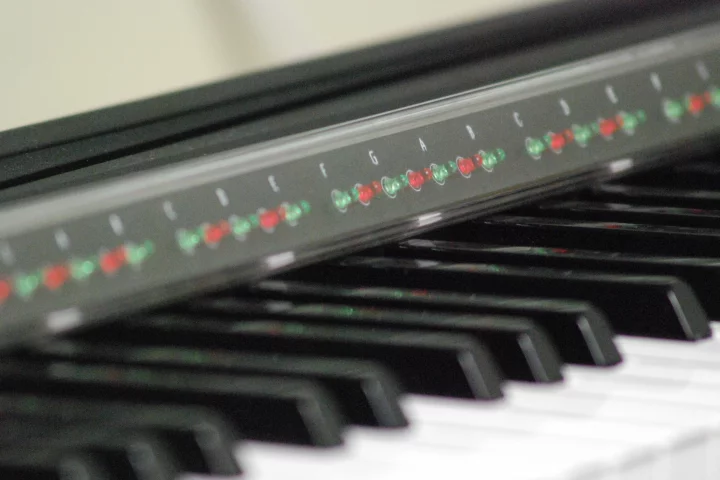 The PianoMaestro learning system consists of MIDI-reading PC software and a ruler-like LED bar that's placed at the back of a piano keyboard, and signals where and when notes need to be played