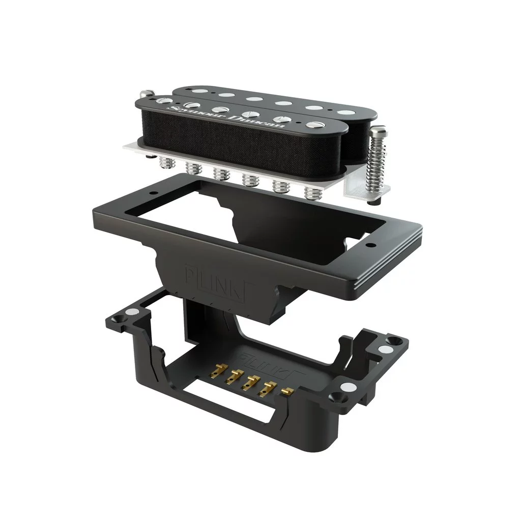 The system is made up of an ABS plastic mount that's installed in any host guitar with a pre-routed humbucker-sized cavity and a cradle that holds the pickups