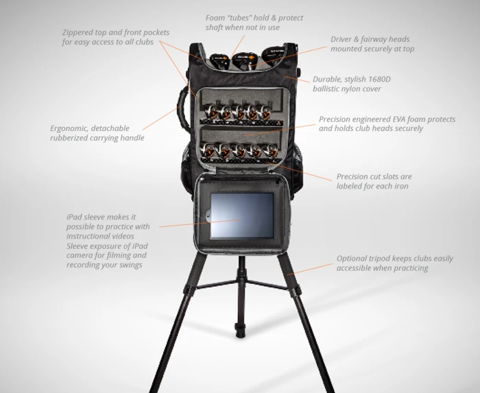 A view of the DV8 golf club system with the optional tripod