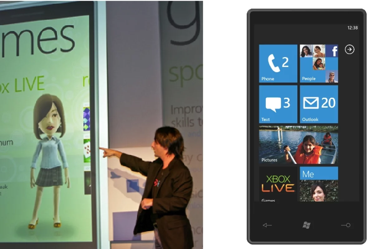 Left: Joe Belfiore, corporate VP of Microsoft Windows Phone Program Management, demonstrates how Windows Phone 7 Series brings Xbox LIVE games to the mobile phone. Right: The home screen on the phone can be customized with "live tiles" that show the latest updates from the Web