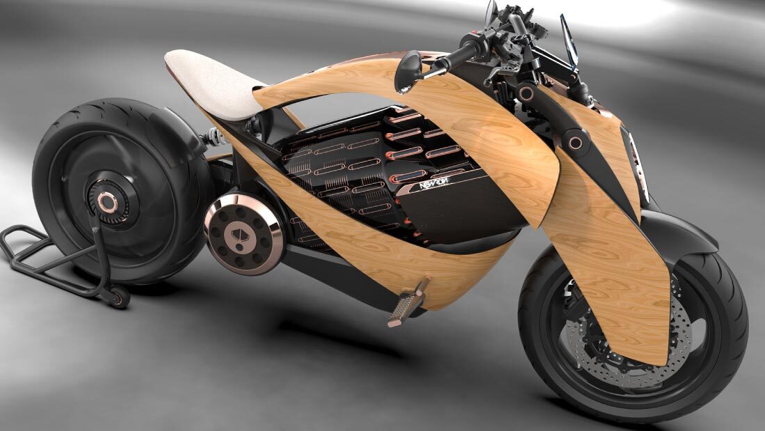 The cylindrical battery pack peeks through curved wooden frame elements
