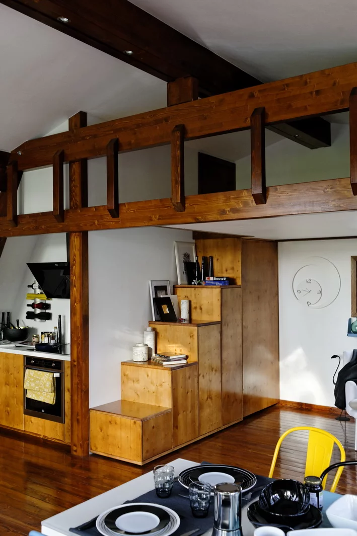 The floors are constructed from varnished pine wood