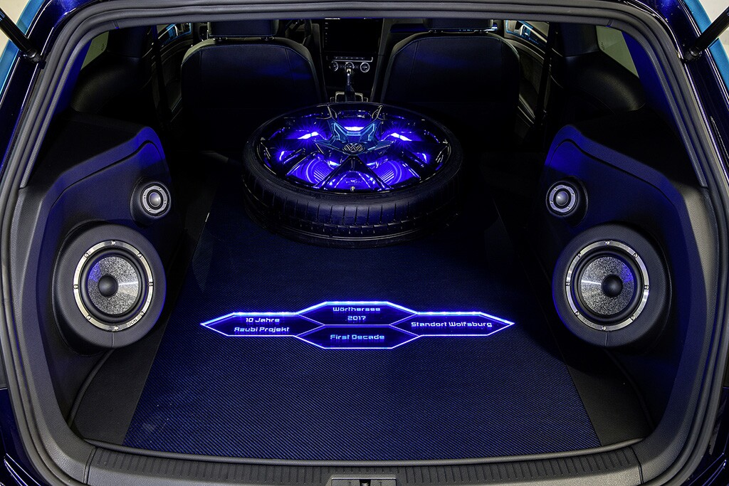 Forget rear seats and a luggage compartment; the First Decade has a booming stereo system with 11 speakers, a sub and special LED lighting