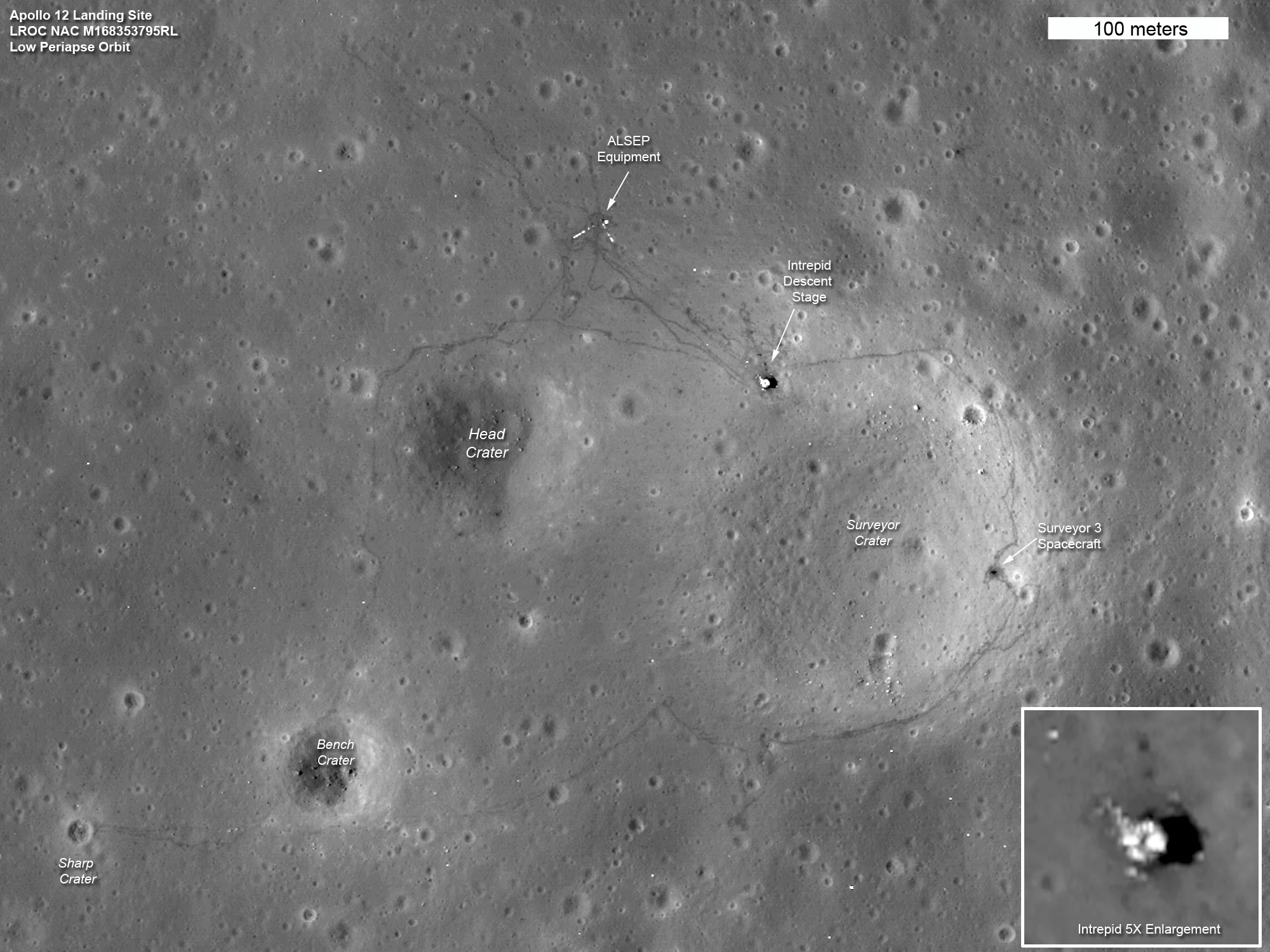 The Apollo 12 landing site, as photographed by LROC