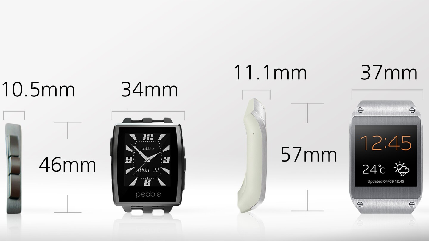 The Galaxy Gear has a larger body, though that includes a segment that begins to bleed into the band