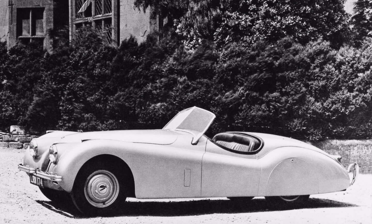The extent of any engine modifications to the XK120 for record runs is not known but if the inside reflects the outside, it's not really a production car (pictured directly above and with the far-more-prominent standard windscreen). Steve McKelvie has the finer details on the Jabbeke run here.