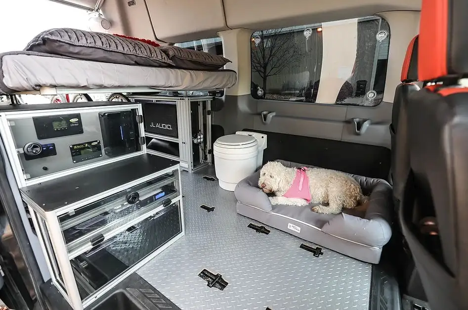 Pulling out the kitchen and seats to make room for the pooch and floor-mounted toilet