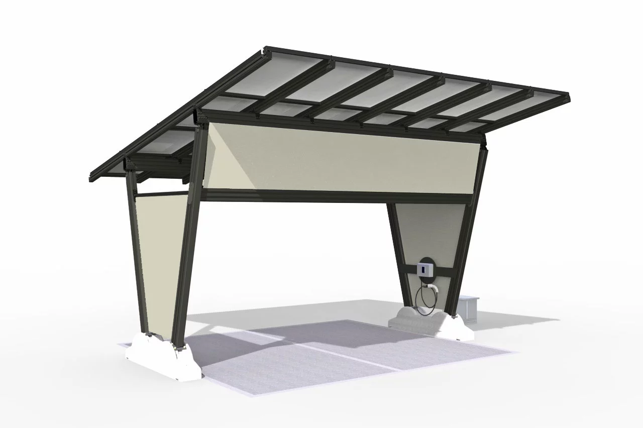 renewz sustainable solutions's isola solar charging carport is portable, and can fully charge a car in five hours