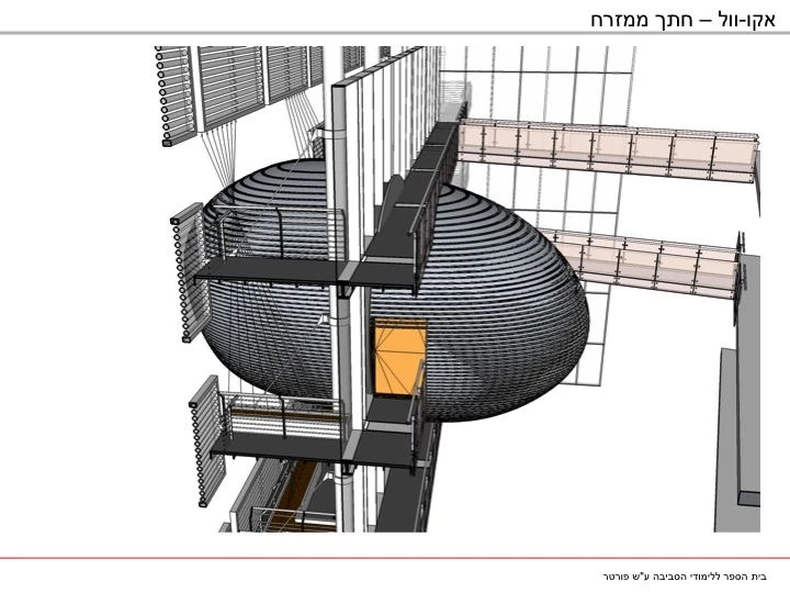 An egg-shaped meeting room pod extrudes either side of the EcoWall (Image: Axelrod-Grobman Architects)