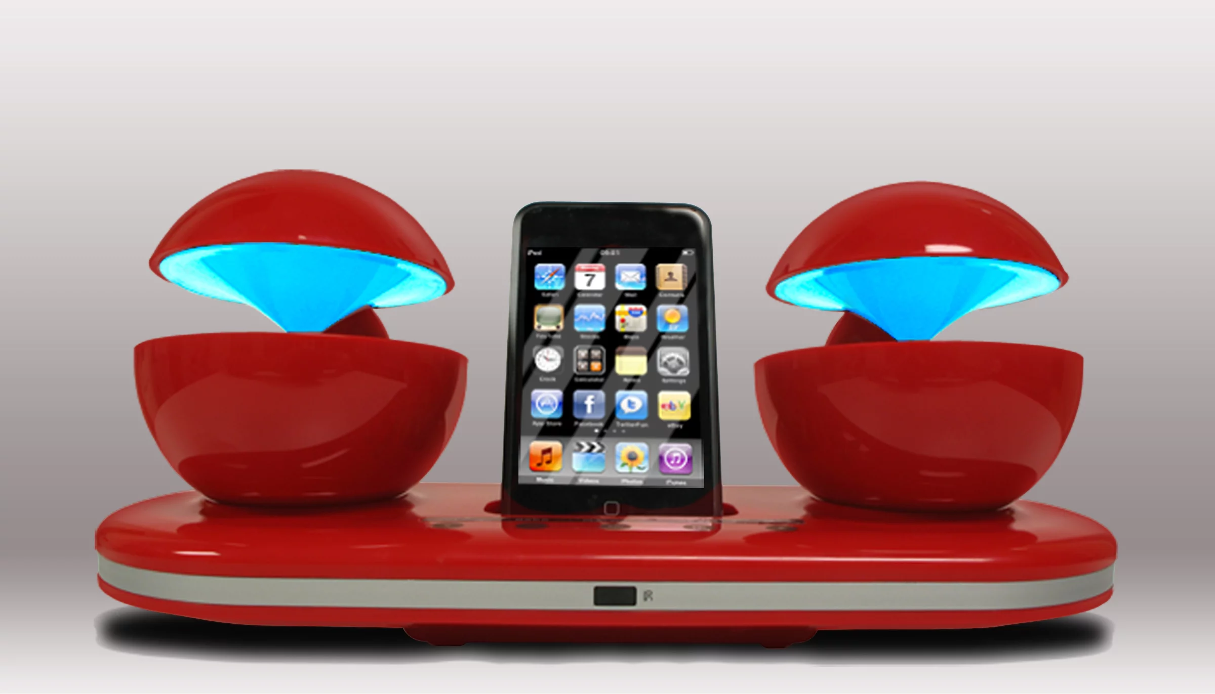 The Speakal iCrystal iPod docking station features illuminated spheres and portable functionality