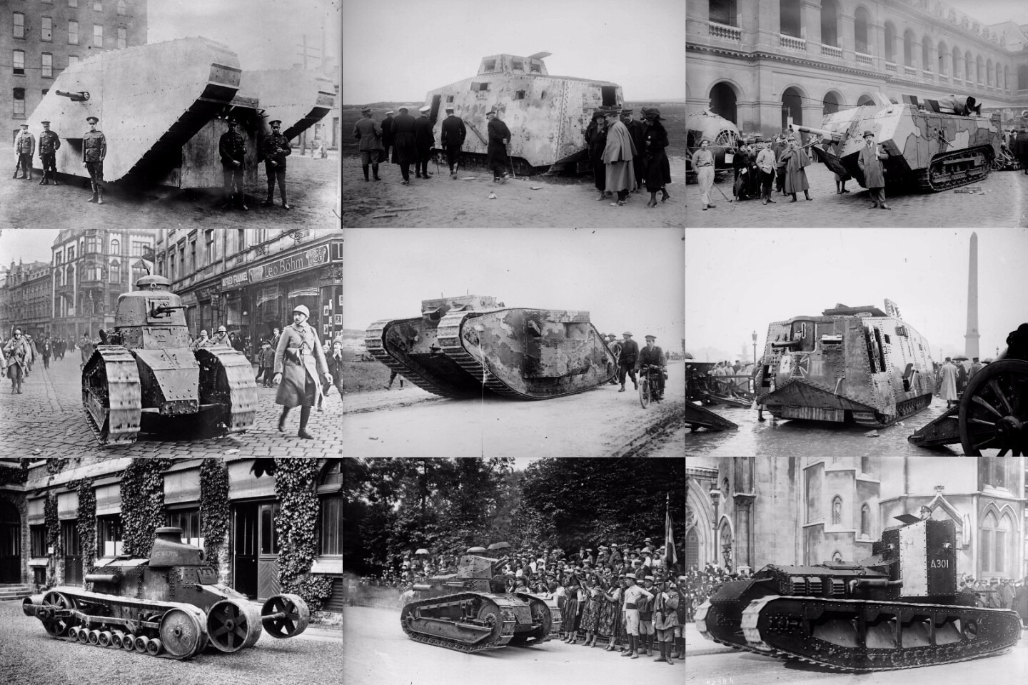 Some of the many iterations of tank design used by the combatants in WWI. It was an idea whose time had come, though the concept had been successfully used 500 years earlier by by Czech General and Hussite leader Jan Žižka, who built armored horse-drawn wagons containing cannons and used them effectively in several battles.
