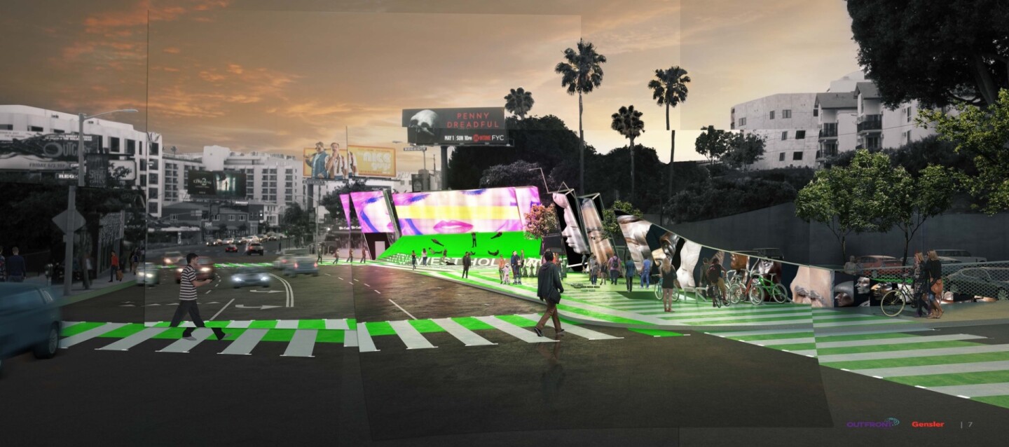 Outfront Media, Gensler, and Mak's Unfolding Sunset proposal includes a number of LED screens which are arranged like a photo collage, displaying different images eastbound and westbound