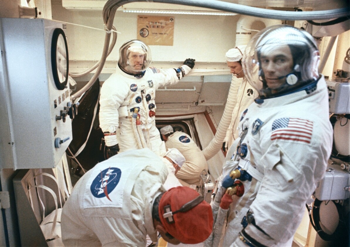 The Apollo 10 crew enters the Command Module prior to launch