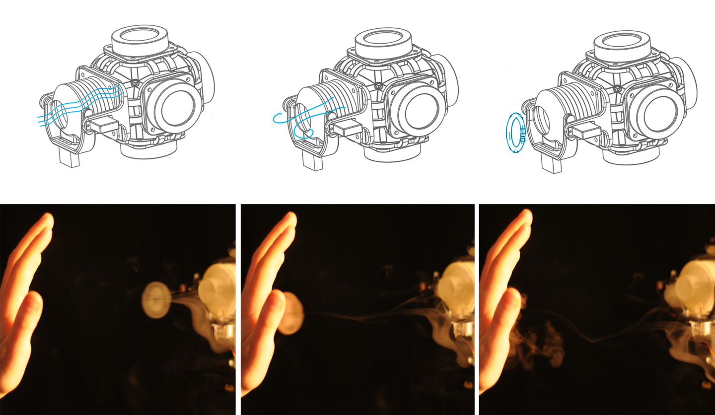 When the speakers are activated, the resulting force is pushed through a flexible nozzle with grooves on the inside like a gun barrel, which forms the air into a vortex