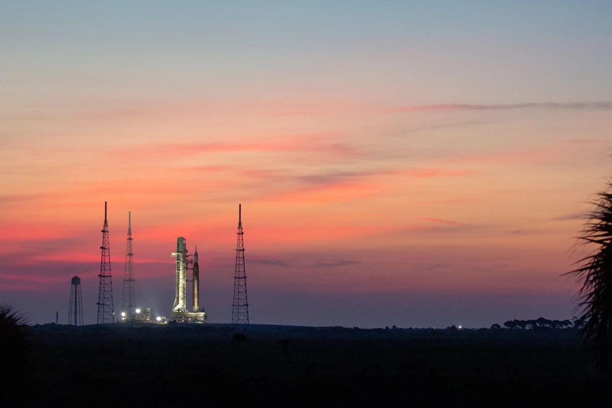 NASA's SLS on the launchpad at sunrise