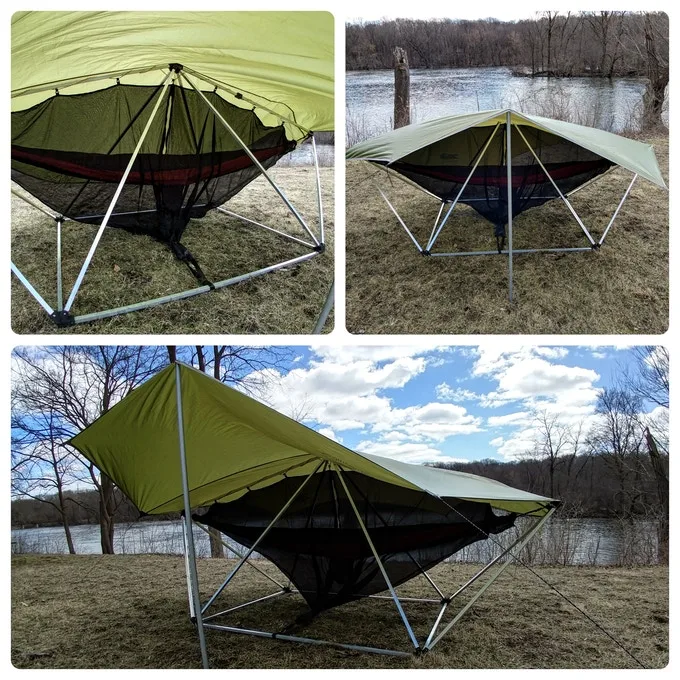 The Hang Solo is made by Thunder Domes, a startup that specializes in larger geodesic domes so groups of hammocks can hang together