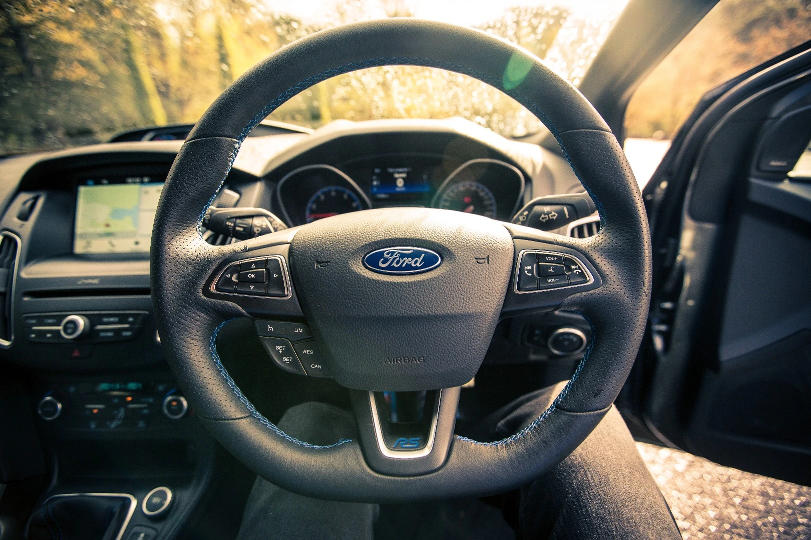 The big steering wheel on the RS is lifted from the Focus ST, but you do get some blue stitching