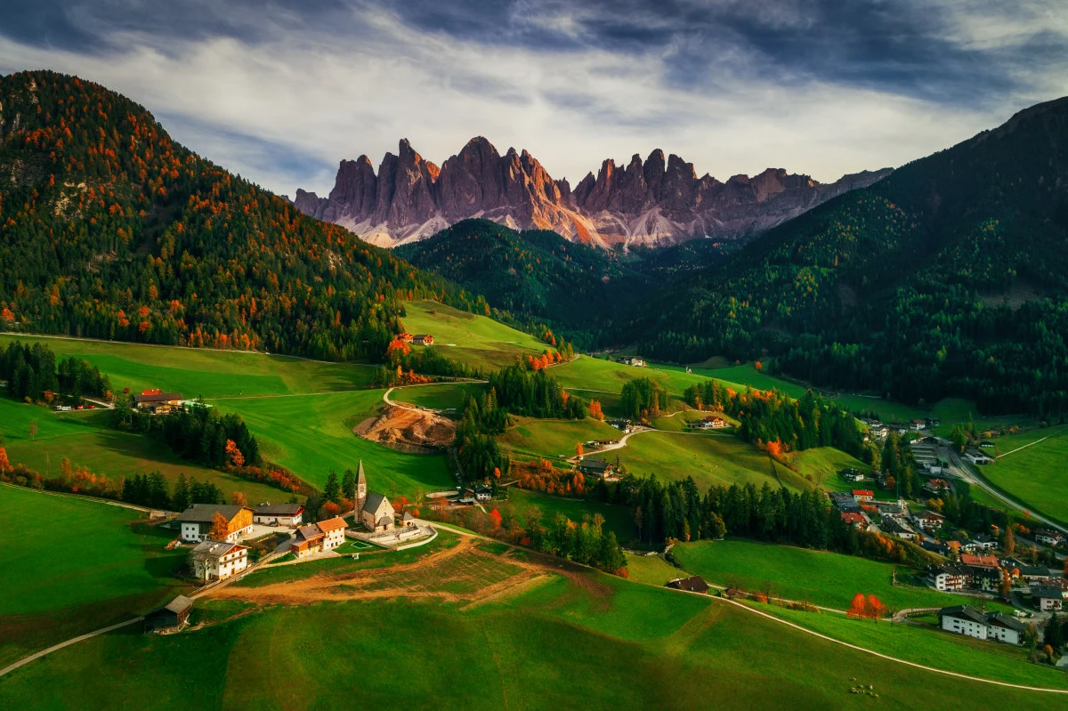 Santa Maddalena village in front of the Geisler or Odle Dolomites Group, Italy. This drone shot won third prize in the Professional's Landscape category of SkyPixel's 2017 Photo Contest