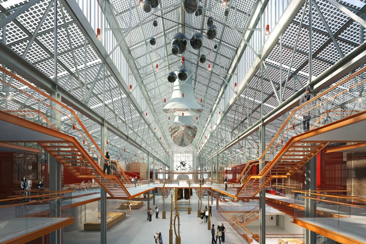 Visitors will be presented with a welcome area that features a sculptural garden and amenities including a library, bookshop, cafe, and auditorium