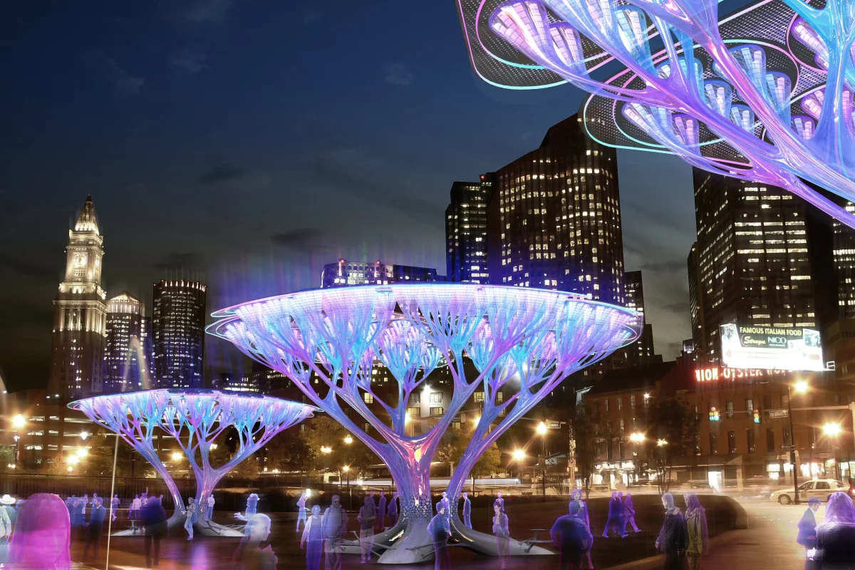 At night, multi-color lighting enhances the beauty of the Treepods structures