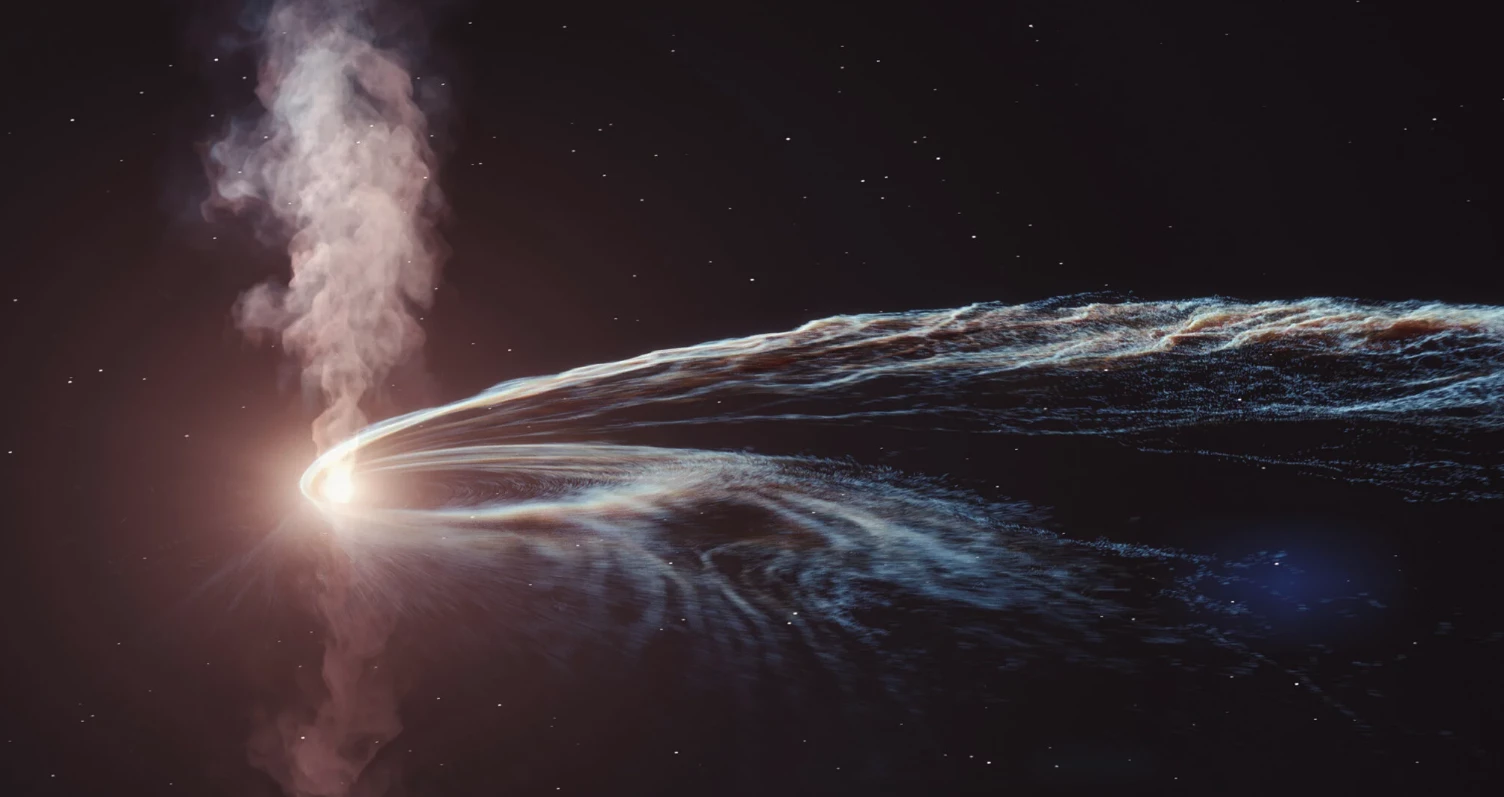 An artist's impression of a black hole destroying a star in a tidal disruption event (TDE)