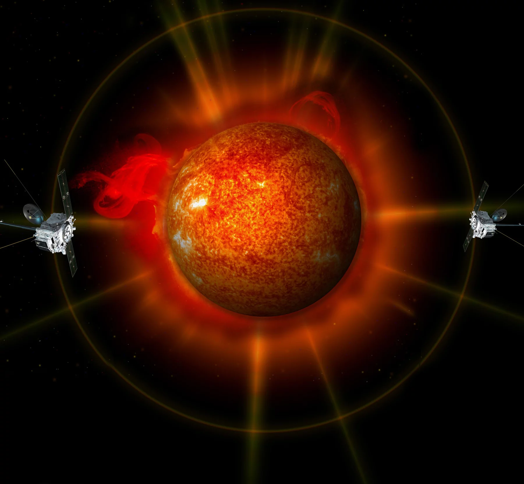 An artist's concept of STEREO surrounding the Sun (Image: NASA)