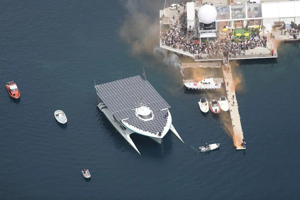 The TURANOR PlanetSolar, as it enters Monaco's Hercule Harbor
