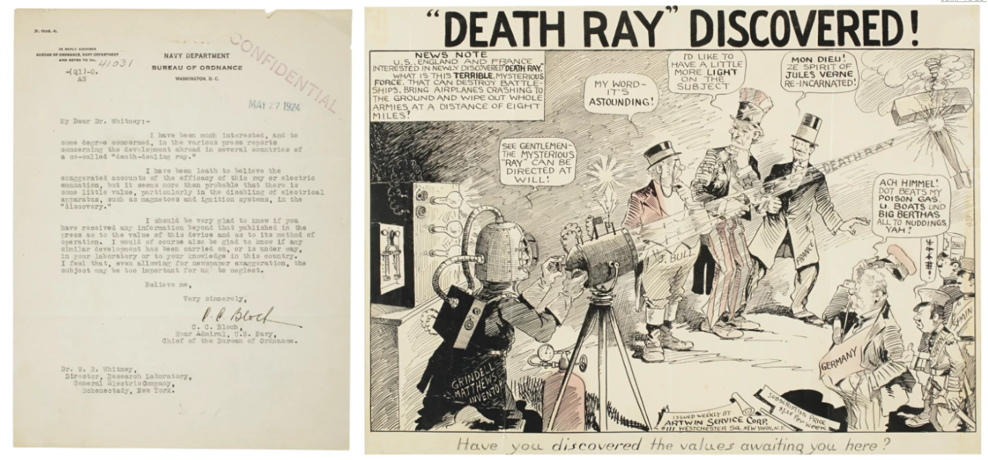 The "Death Ray" cartoon artwork was sold with a letter from Rear Admiral C.C. Bloch of the US Navy addressed to Dr. Whitney, head of the research lab at General Electric, enquiring about the "death ray." The artwork and letter fetched $4,000.