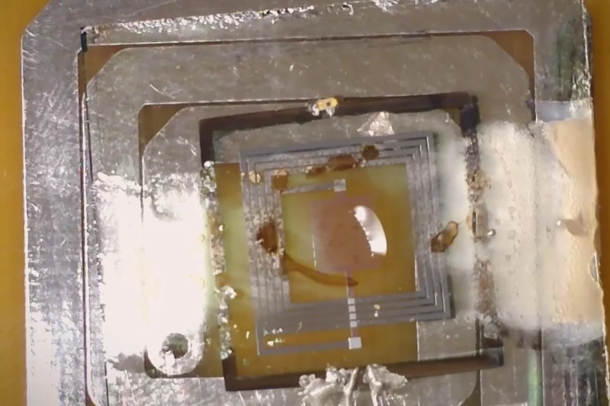 A transient electronic device dissolving after the heating element in the center was remotely activated by a radio-frequency signal