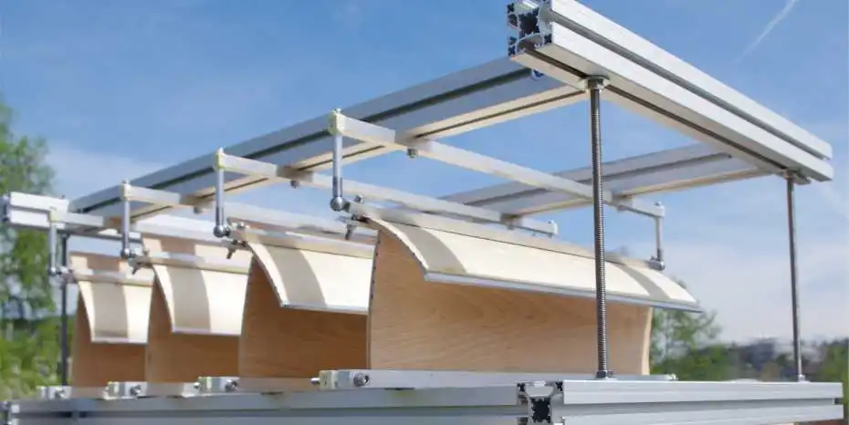 A new sunshade system from ETH Zurich uses changes in humidity to bend planks of wood, creating more or less shade as required