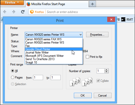 The Windows virtual Google Cloud driver lets you pick from your printers in Firefox