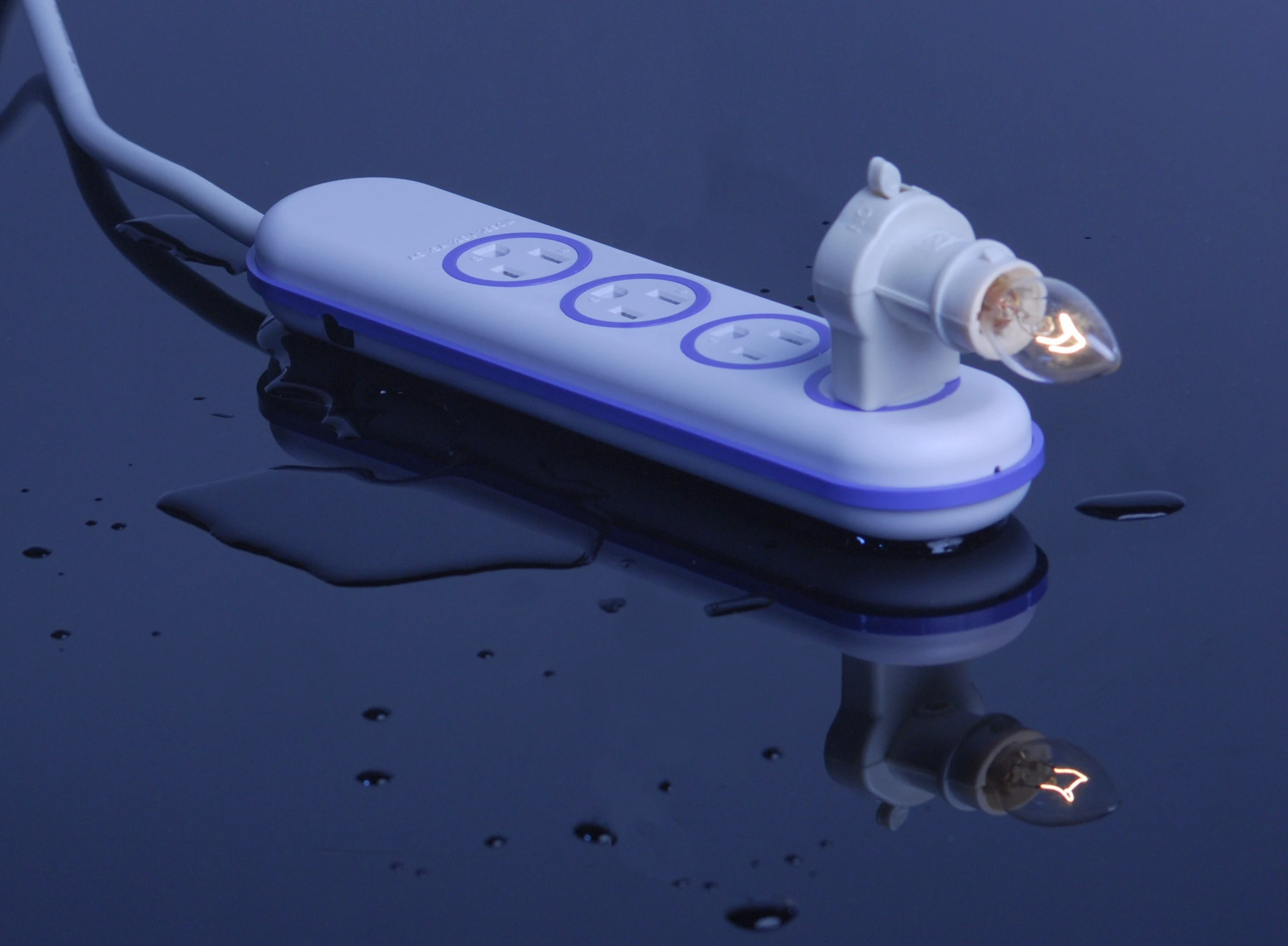 Wet Circuits water resistant power strip with overheat prevention and protection from fire hazards