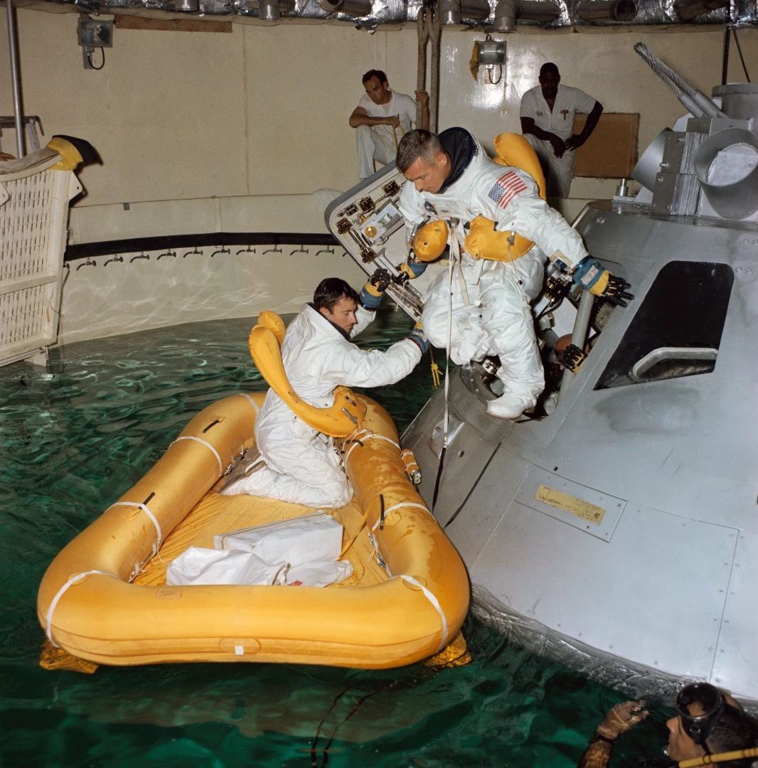 Apollo 7 backup crew Stafford, Young, and Cernan egress training