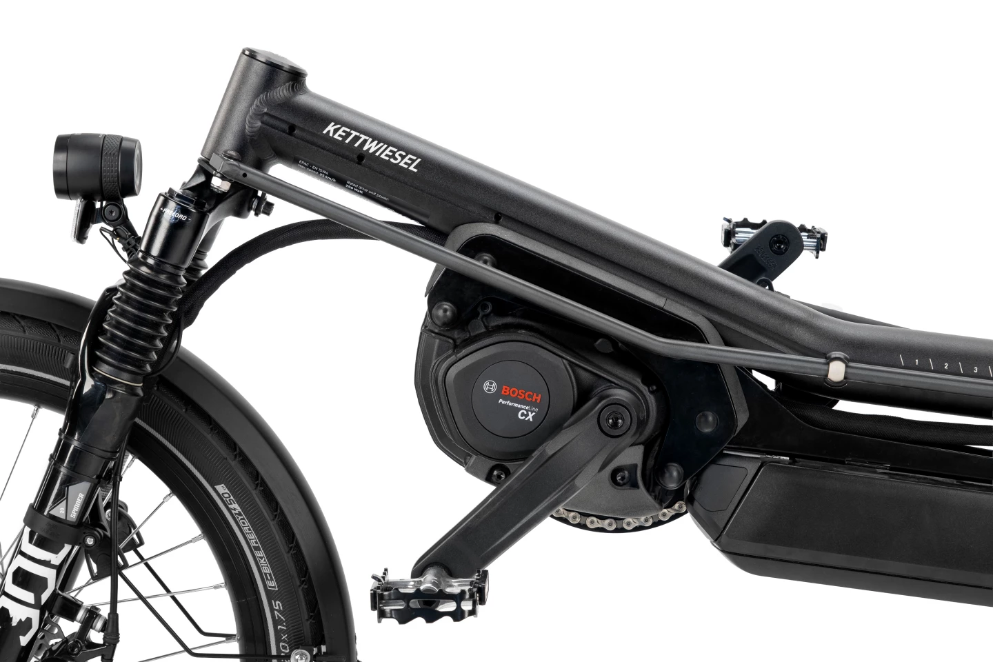 The Bosch Performance Line CX mid-drive motor provides 400% pedal-assist and 100 Nm of torque, plus an "integrated pushing and starting aid makes maneuvering in confined spaces easier"