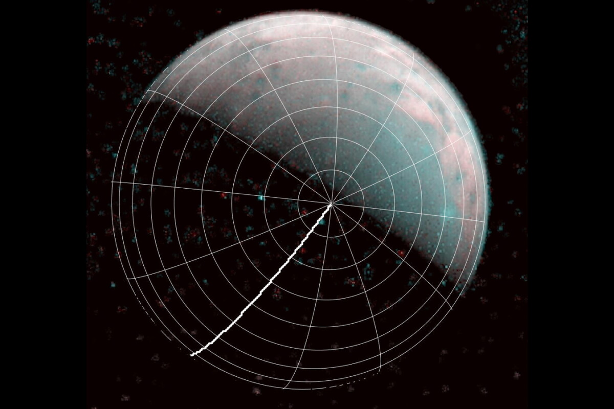 Annotated image of Ganymede showing the north pole and the zero longitude line