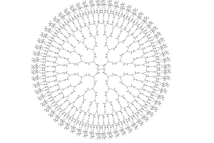 An illustration of a dendrimer, with tiny tentacles that get smaller as they branch further out from the core