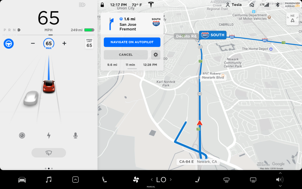 Screenshot of Tesla's Navigate on Autopilot in action