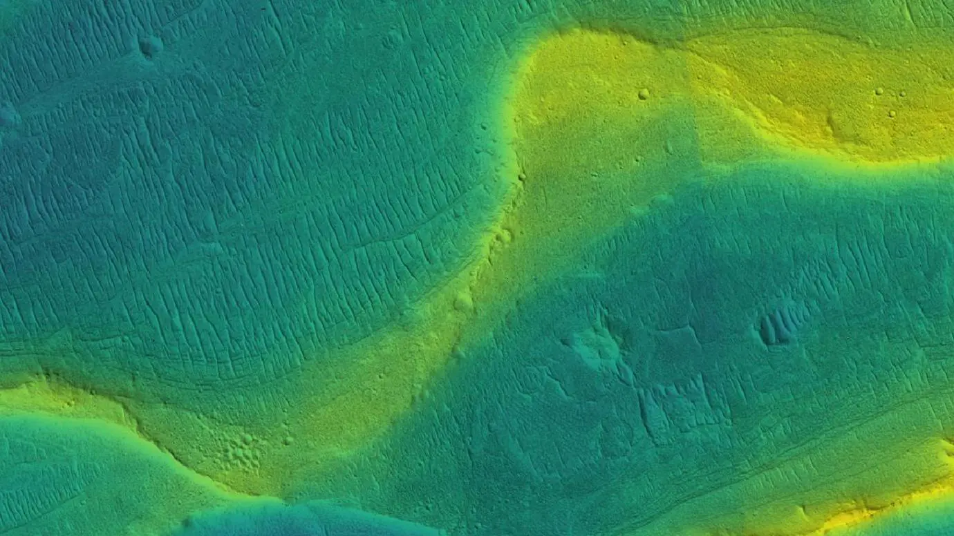 A preserved river channel on Mars with color overlaid to show different elevations (blue is low, yellow is high)