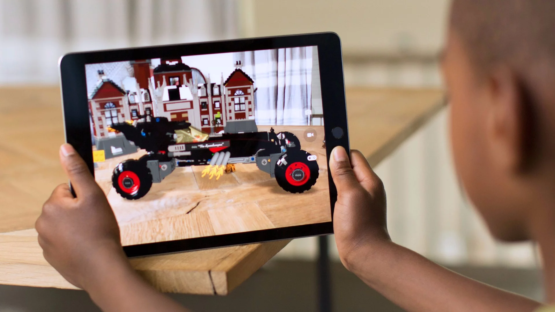 An Apple ARKit demo, viewing Lego Batman through the lens of an iPad Pro