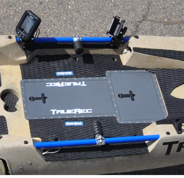 The DFP features a below-the-deck storage compartment, and a rail system for mounting gadgets such as fish finders