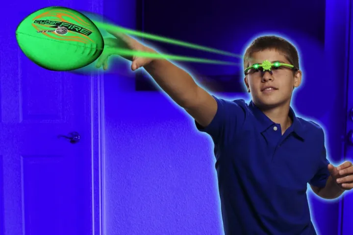 The CyberFire Football Set incorporates a reflective foam ball and LED-equipped "glasses," which cause the ball to appear to glow green or red