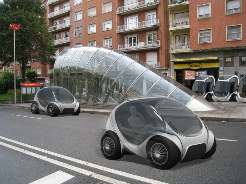 Artist's concept of the Hiriko on the road