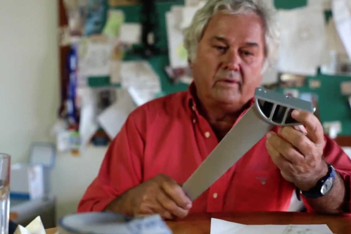 No Rock inventor Chris Heyring, with one of the asymmetrical No Rock table feet