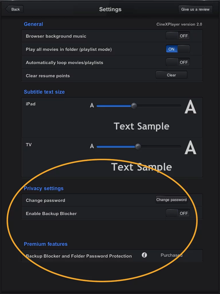 CineXPlayer settings